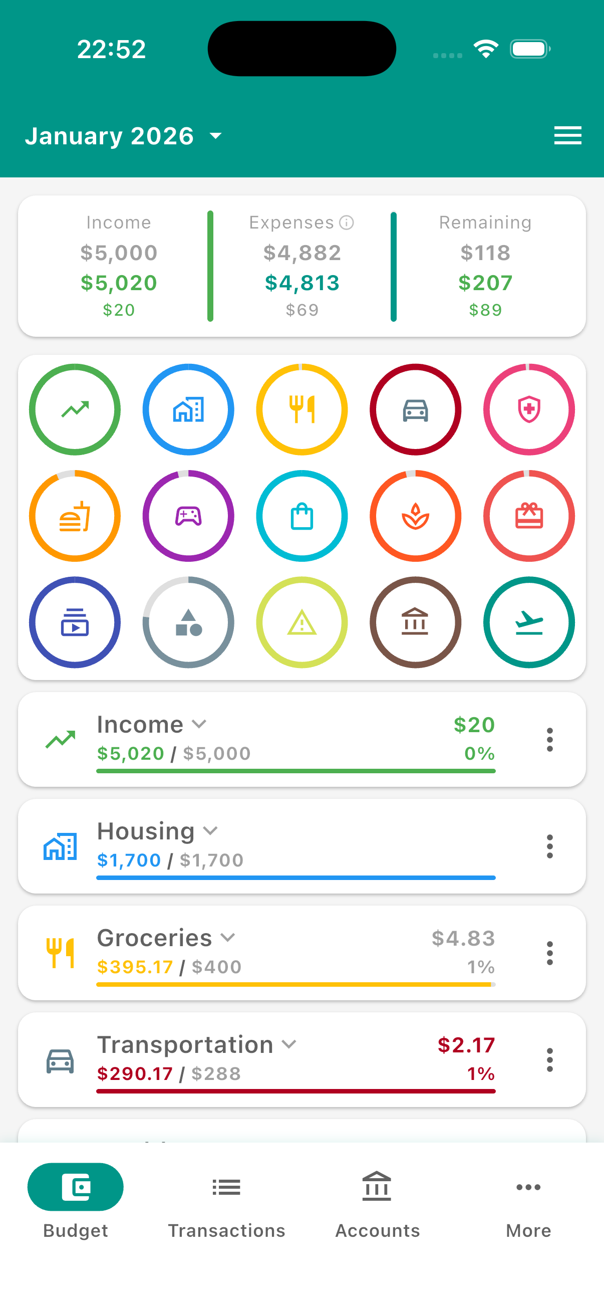 Budgetum budget tracker app screen at month end