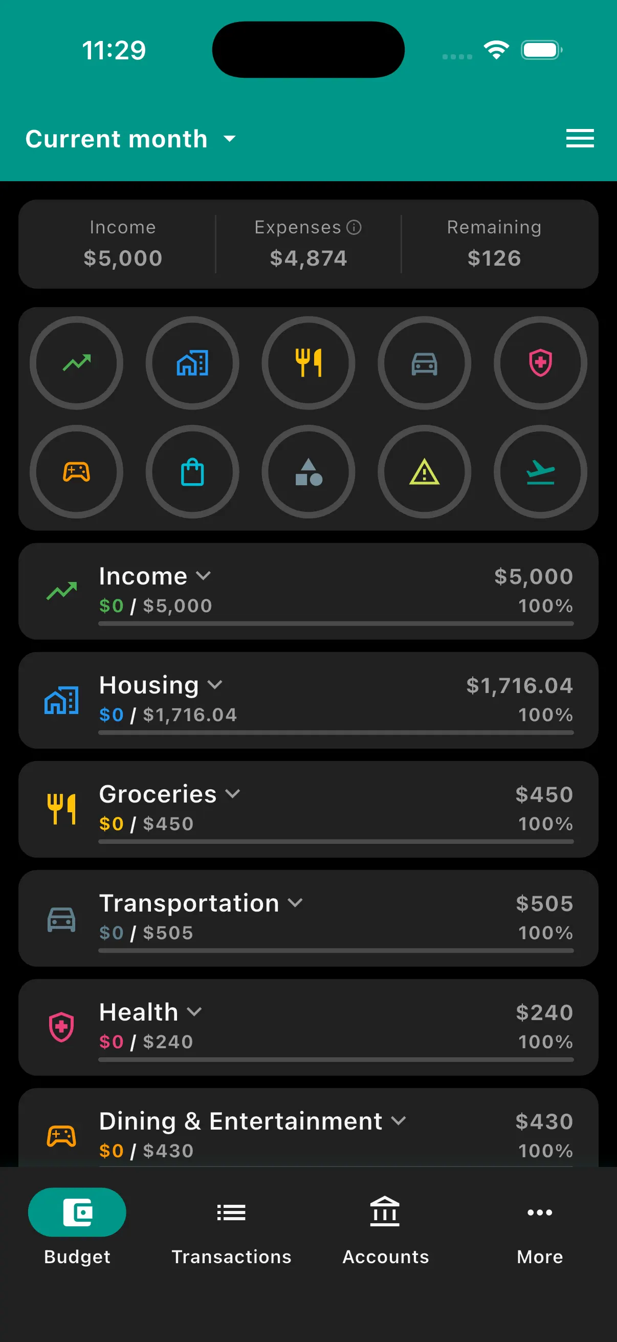 Budgetum budget tracker app screen at month start