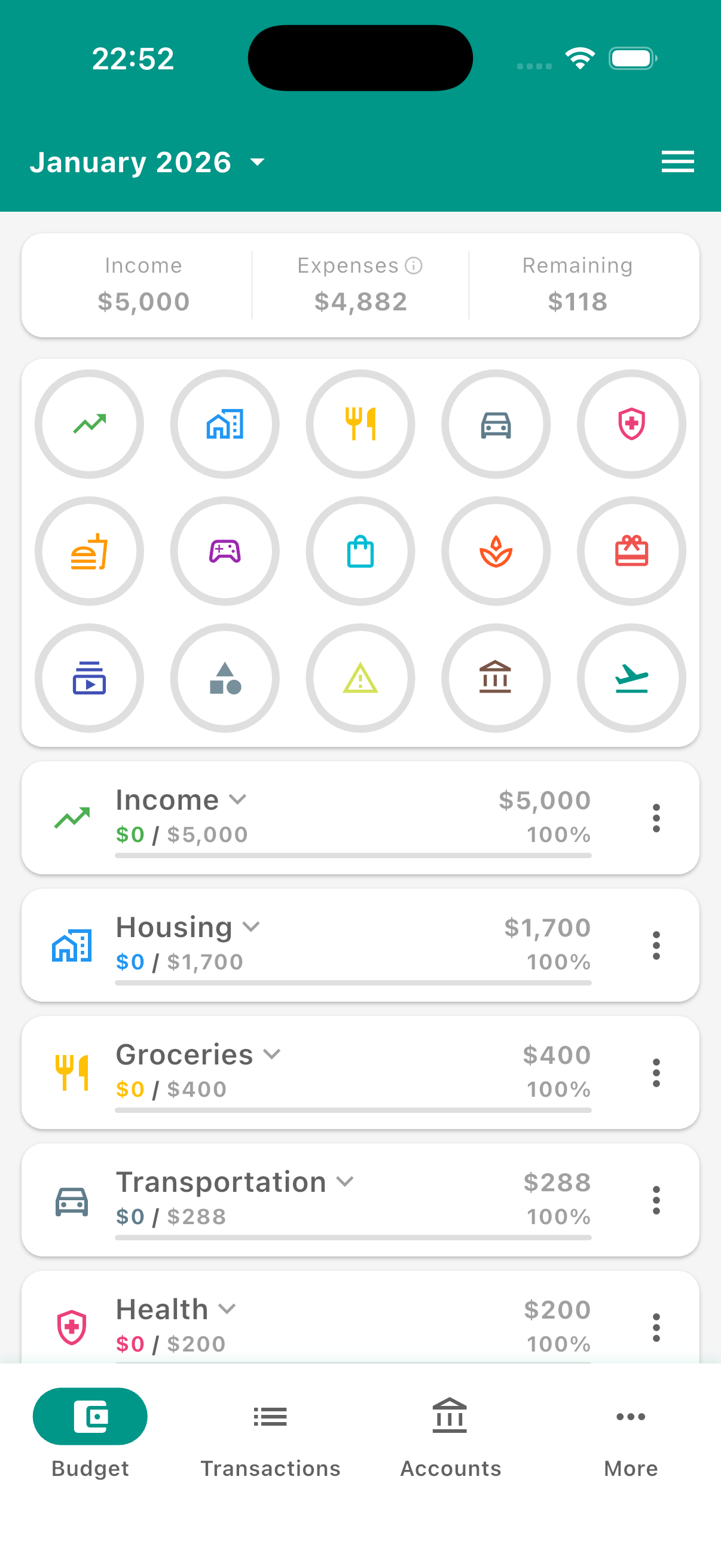 Budgetum budget tracker app screen at month start