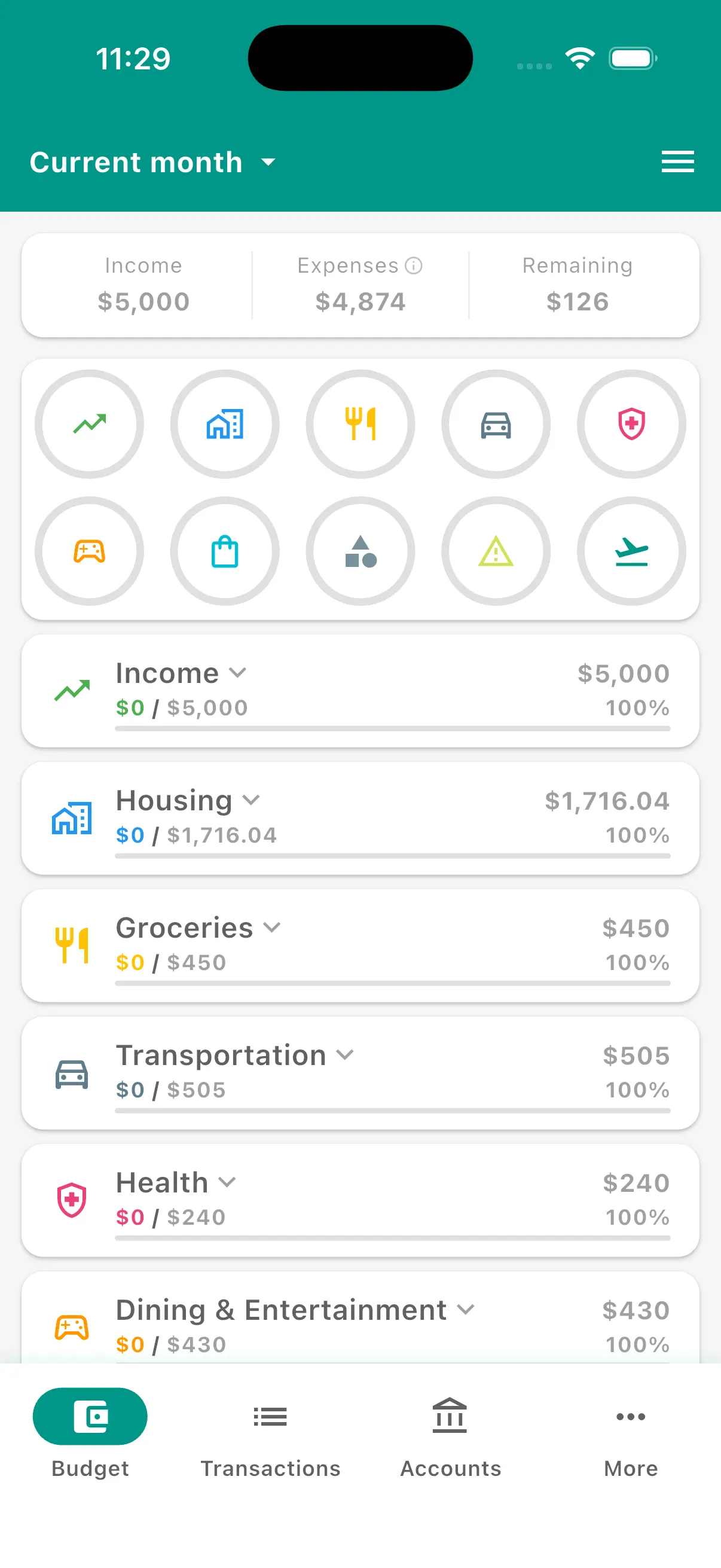 Budgetum budget tracker app screen at month start